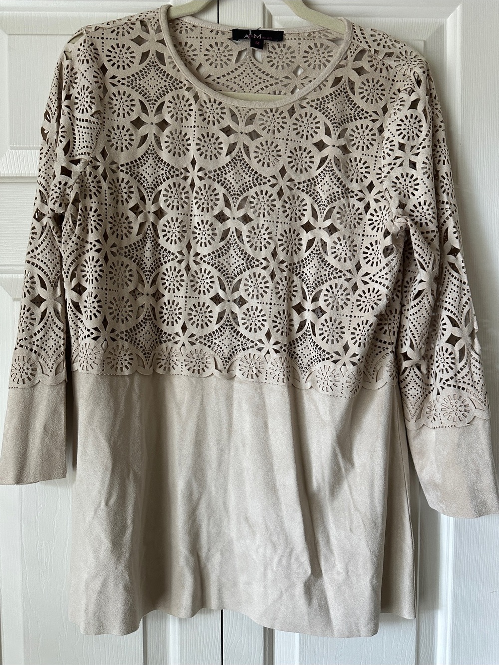 Alberto Makali Beige Laser-Cut Suede-Look Tunic with Stud Accents